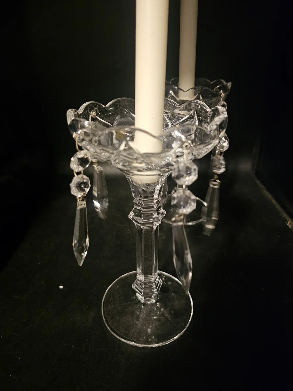 Unique Vintage Clear Crystal Candle Holders with Hanging Prisms